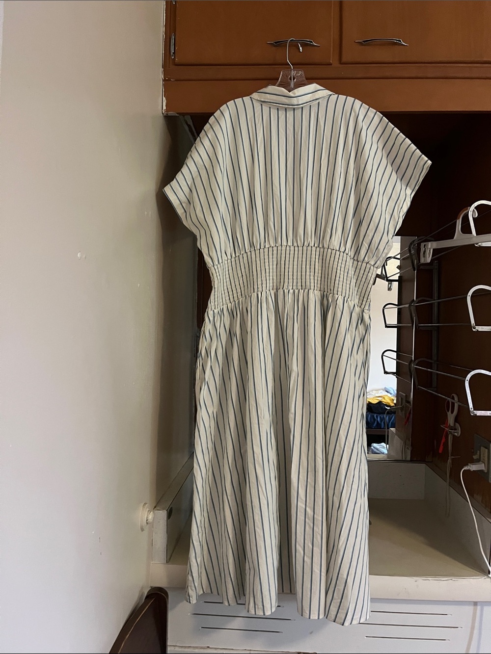 Striped Smocked Waist Shirt Dress in white blue+black stripes - Picture 2 of 3
